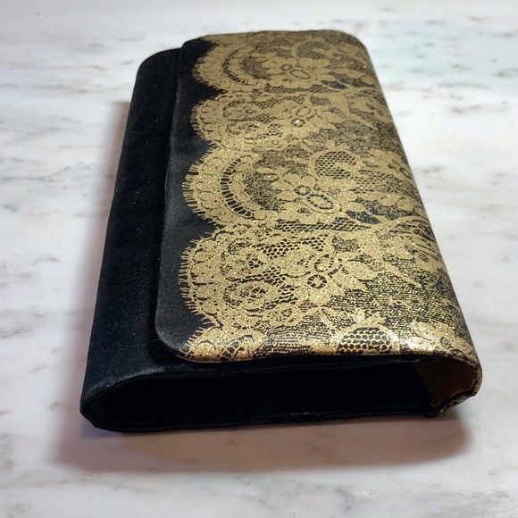 Black Satin + Gold Iridescent Lace Formal Clutch - Picture 3 of 8